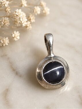 Vintage Sterling Silver Blue Cats Eye Pendant • 925 Minimalist Signed Necklace